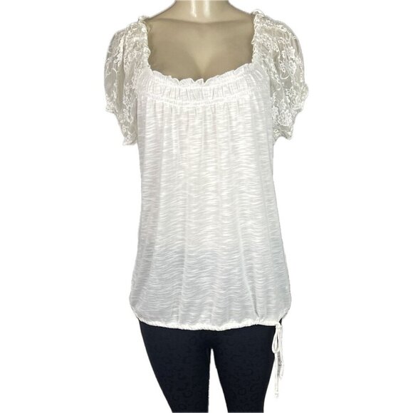 Decree L Cream Heather Shirred Scoop Neck Drawstring Hem Short Lace Sleeve Top - Picture 2 of 6